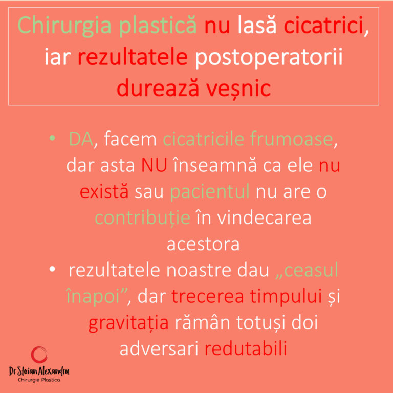 Chirurgia plastica nu lasa cicatrici iar rezultatele postoperatorii dureaza vesnic - Da, facem cicatricile frumose, dar asta nu inseamna ca el nu exista sau pacientul nu are o contributie in vindecarea acestora. Rezultate noastree dau ceasul inapoi, dar trecerea timpului si gravitatia raman totusi doi adversari redutabili